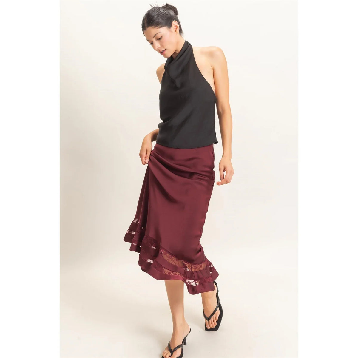 DRAPED HALTER SATIN TOP
