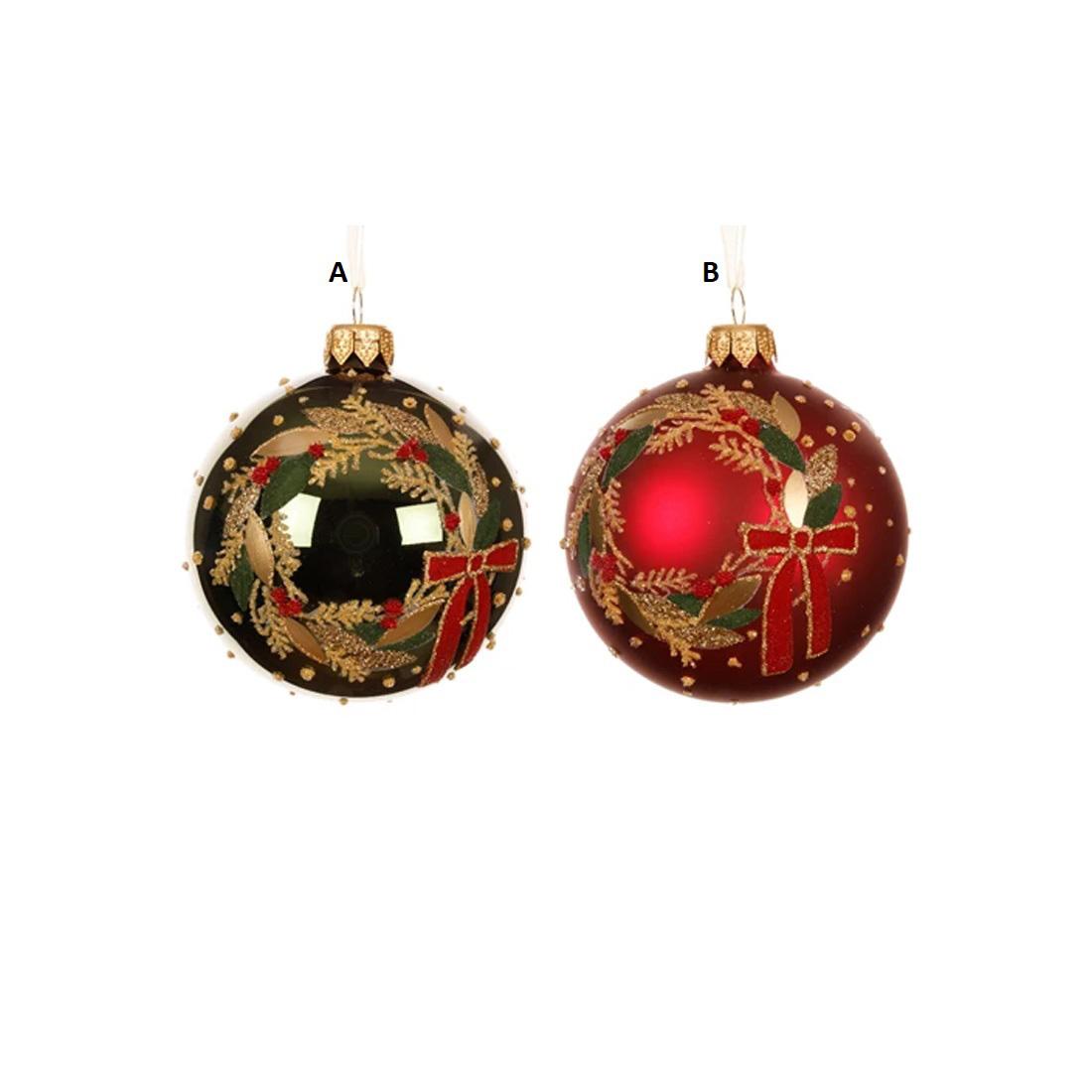 Glass Red Green Holly Wreath Ball Ornament