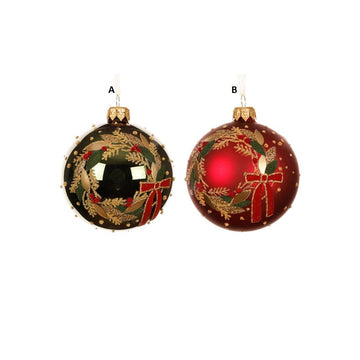 Glass Red Green Holly Wreath Ball Ornament