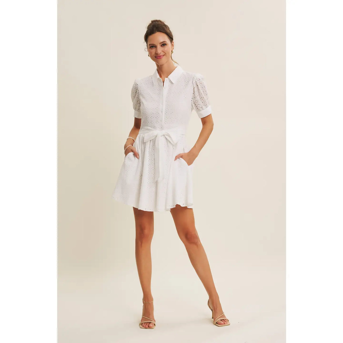 COTTON EYELET BUTTON-DOWN MINI DRESS