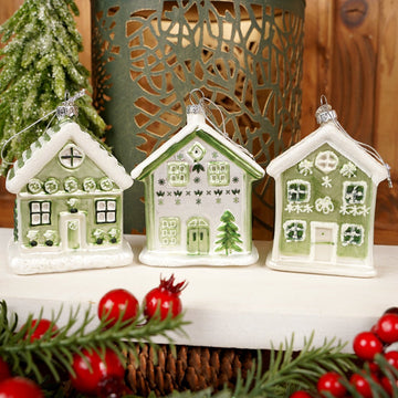 Glass Green White House Ornament