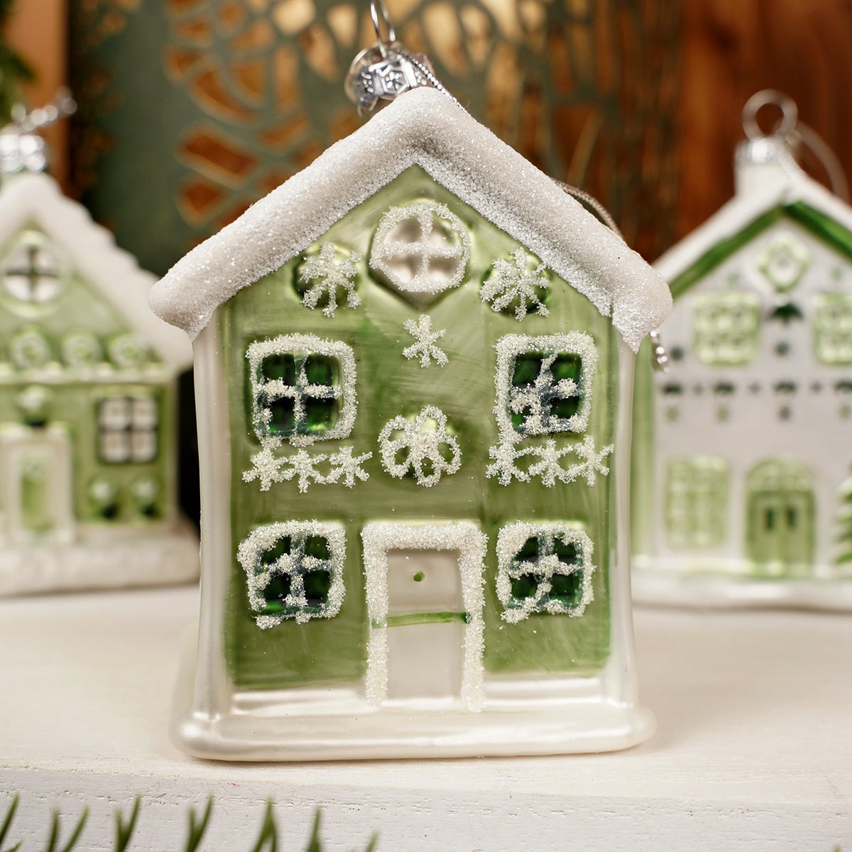 Glass Green White House Ornament