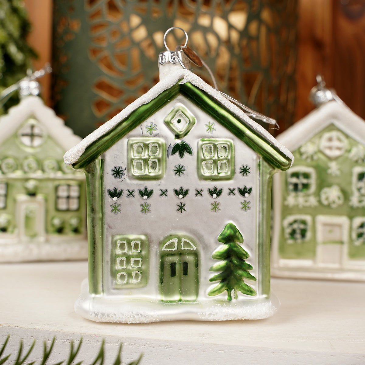 Glass Green White House Ornament