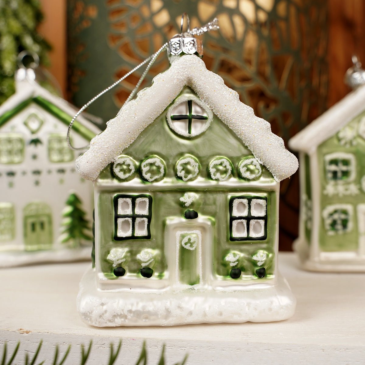 Glass Green White House Ornament