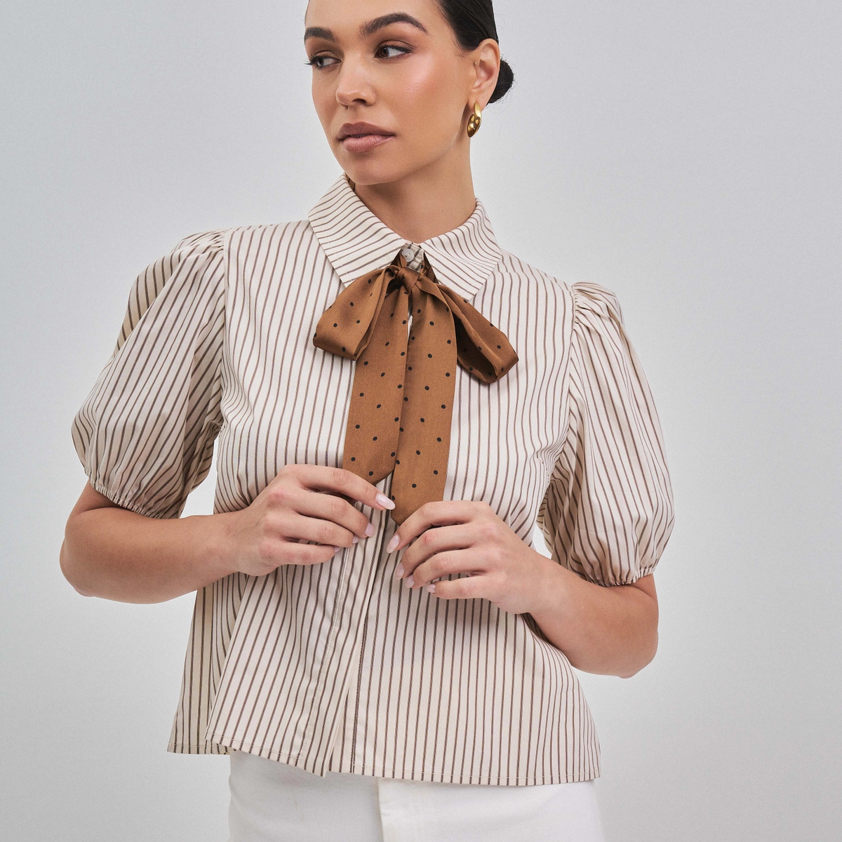 SATIN BOW DETAILED BUTTON DOWN SHIRT TOP