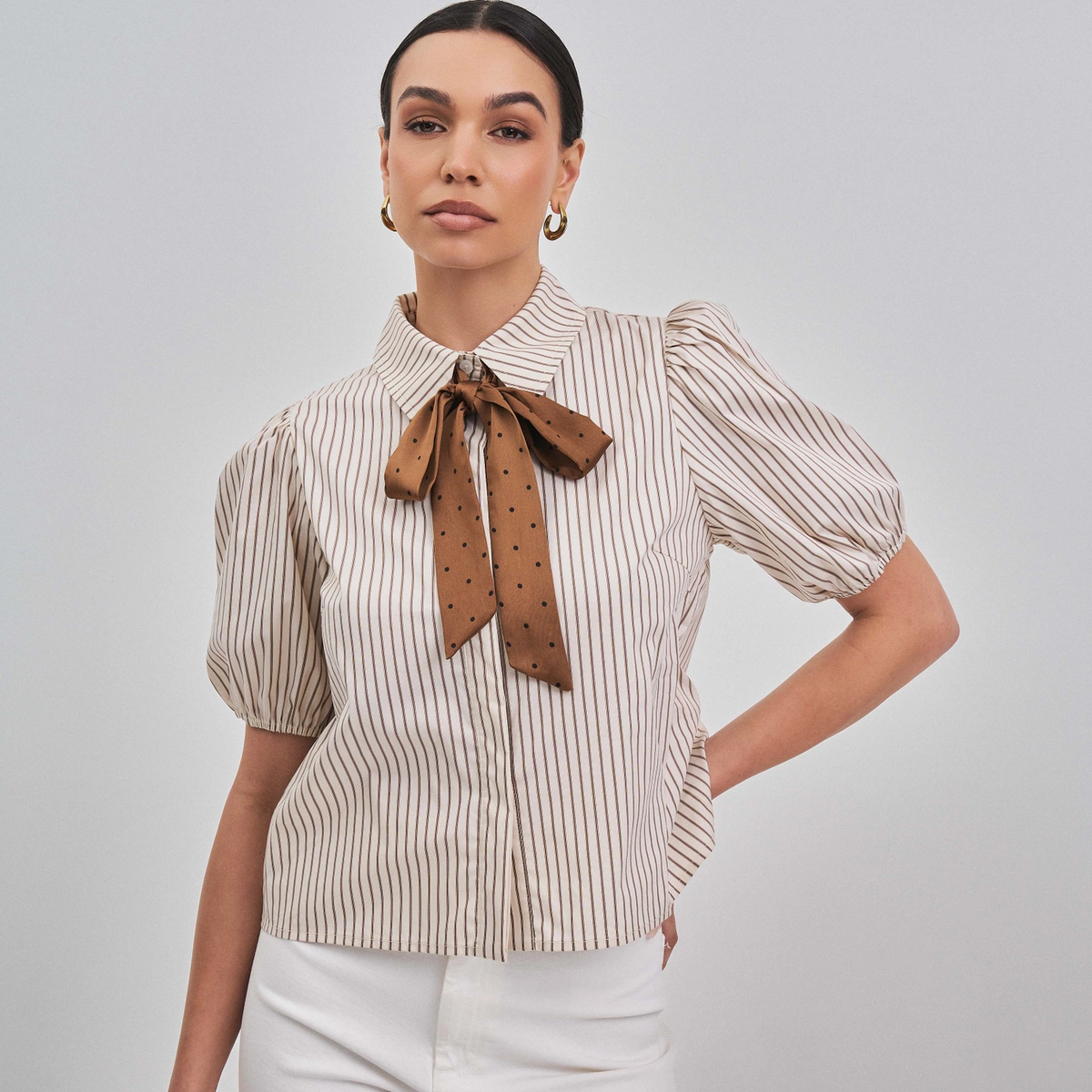 SATIN BOW DETAILED BUTTON DOWN SHIRT TOP