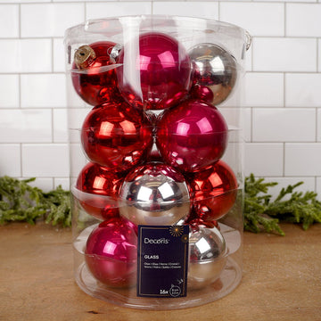 16 Glass Red Pink Silver Ball Ornaments
