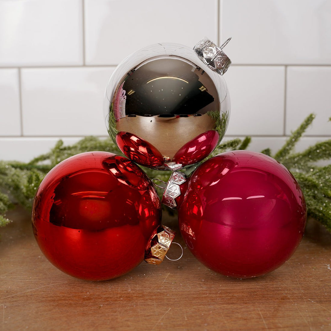 16 Glass Red Pink Silver Ball Ornaments