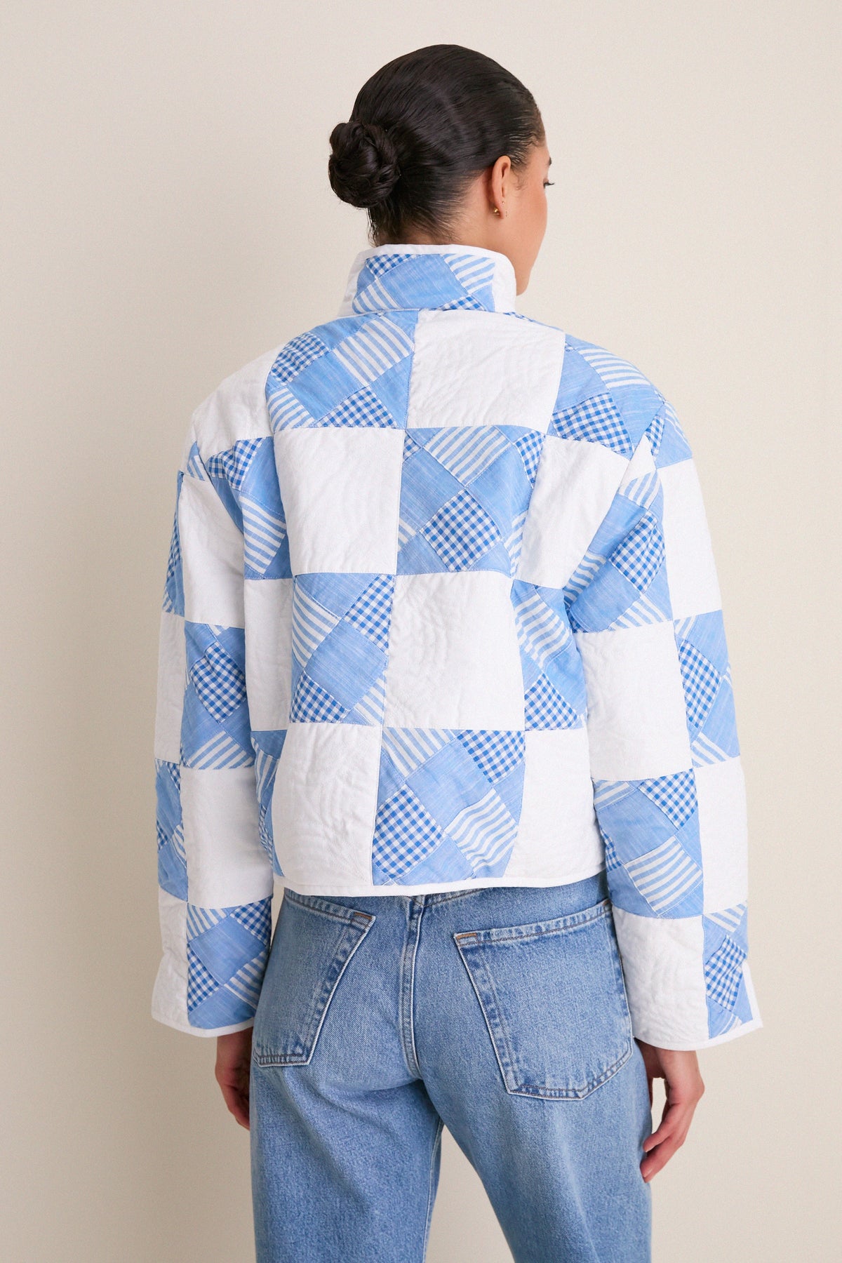 Blue and White Quilted Cropped Townley Jacket