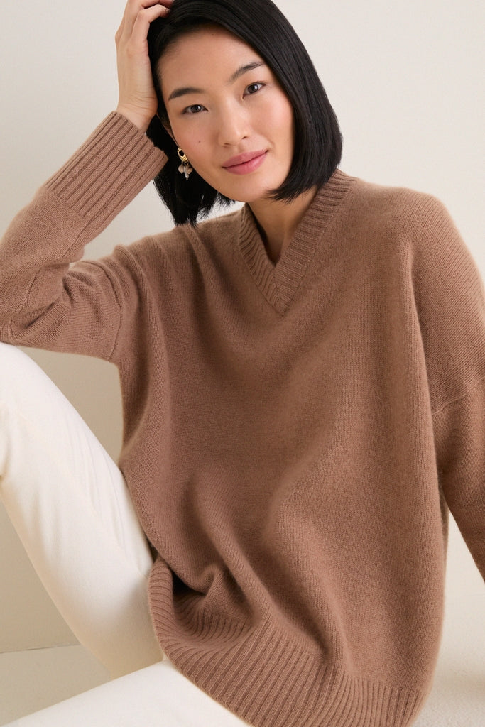 Mocha Cashmere Cassie V-Neck Sweater