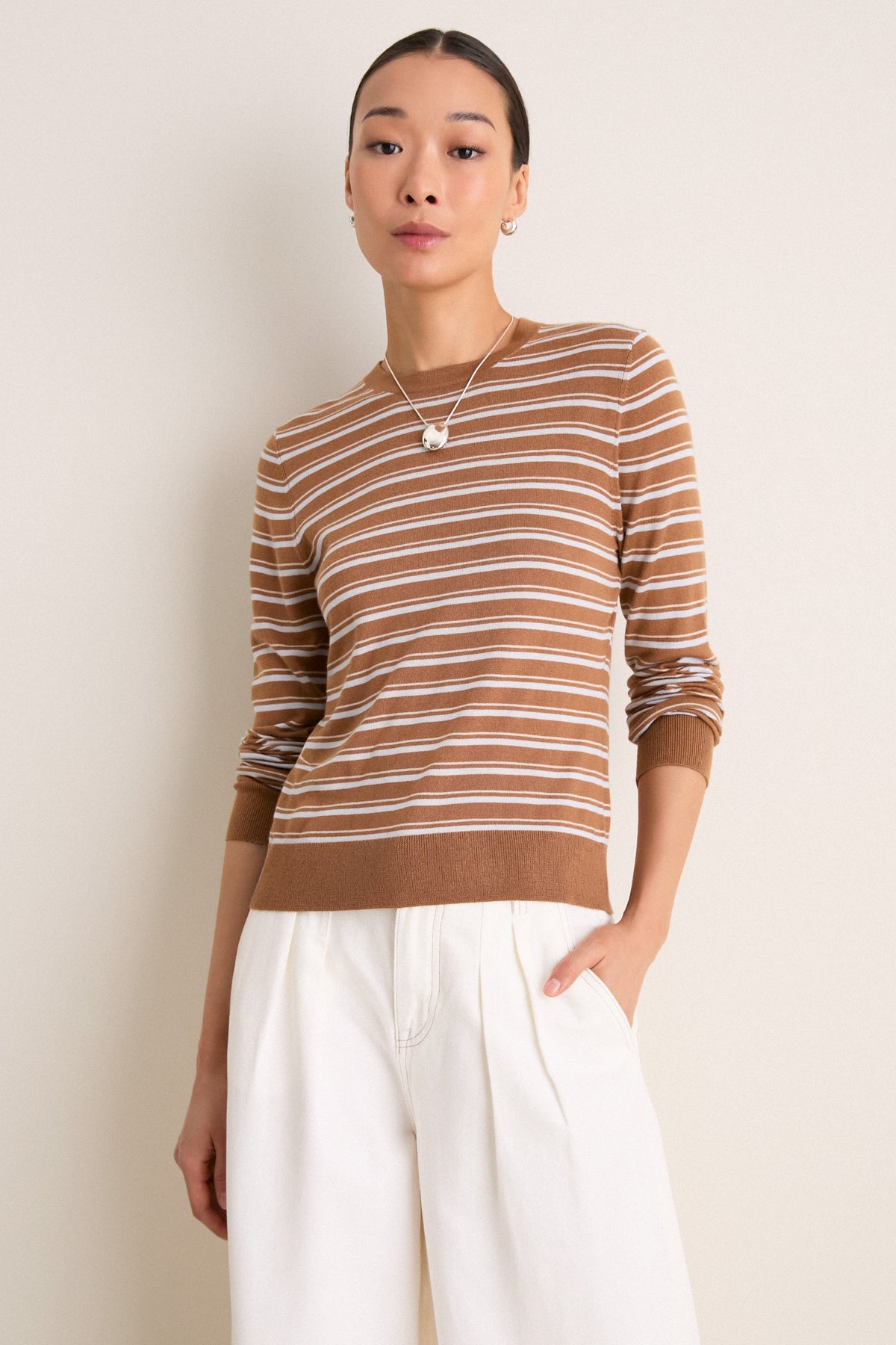 Mocha and Ice Blue Striped Long Sleeve Katie Tee