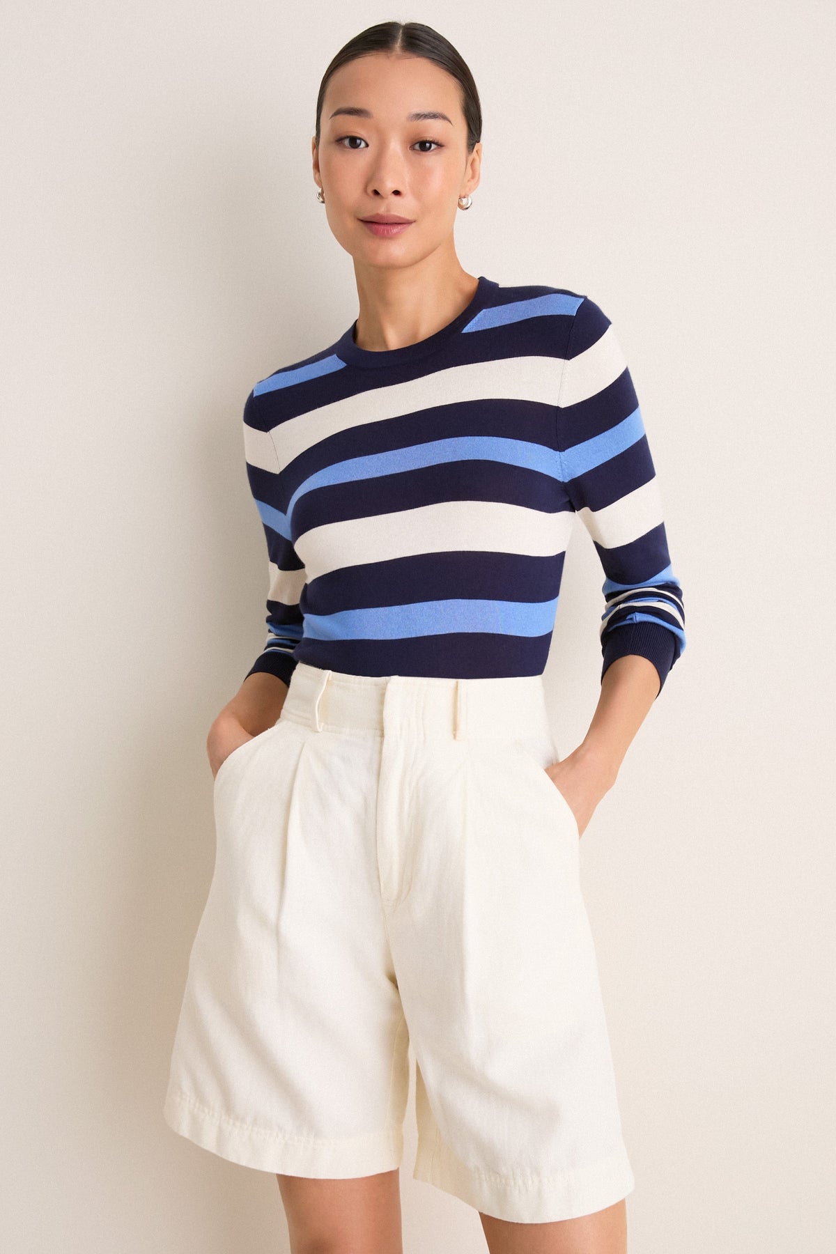 Navy Blue Striped Cashmere Silk Long Sleeve Katie Tee