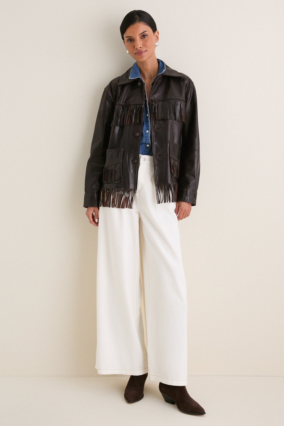 Dark Chocolate Cow Leather Fringe Jacket