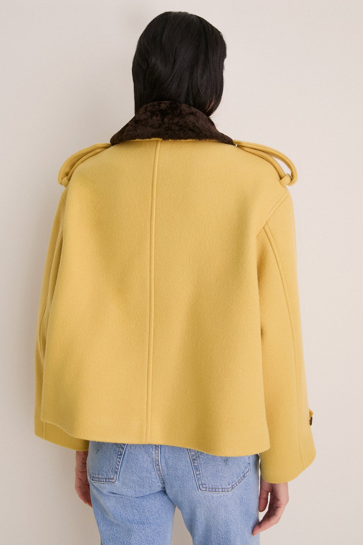Yellow Woven Fur Collared Jacket
