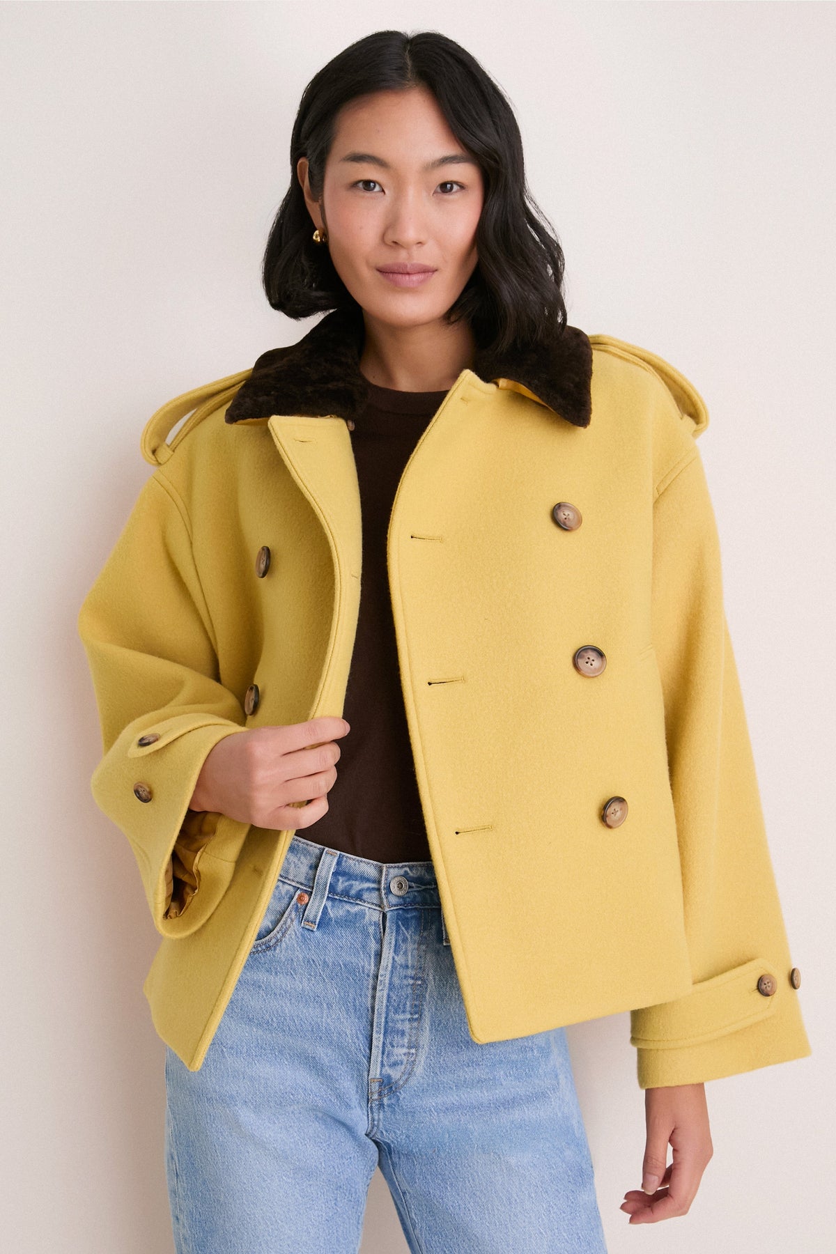 Yellow Woven Fur Collared Jacket