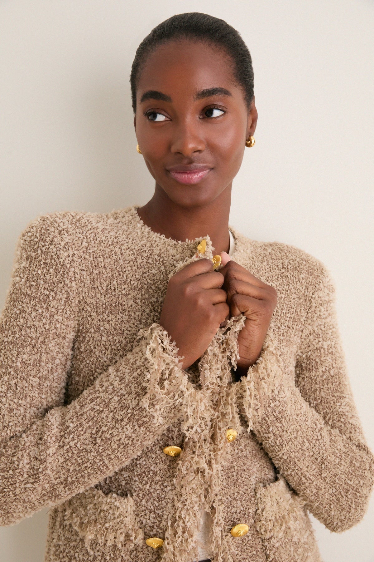 Natural Mireille Fringe Trim Cardigan