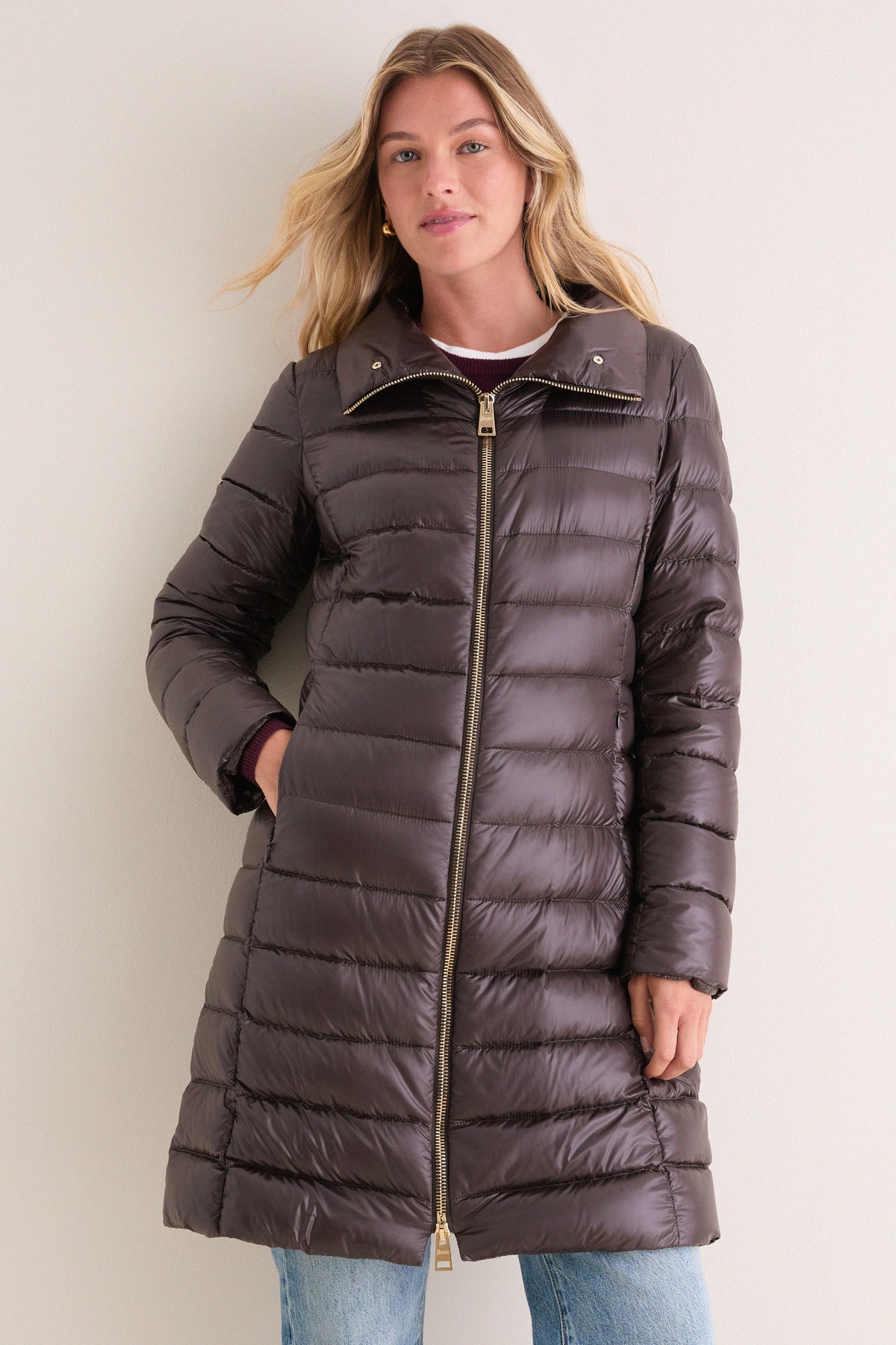 Dark Brown Elisa Ecofur Nylon Ultralight Fitted Coat with Faux Mink Collar