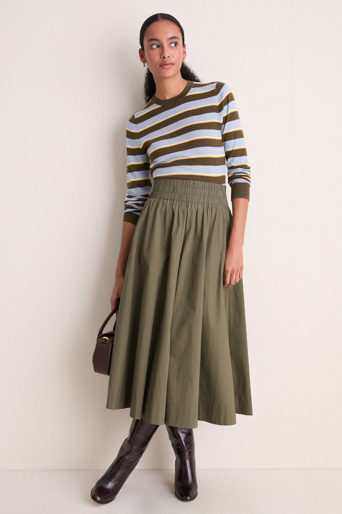 Olive Stripe Cashmere Silk Long Sleeve Katie Tee