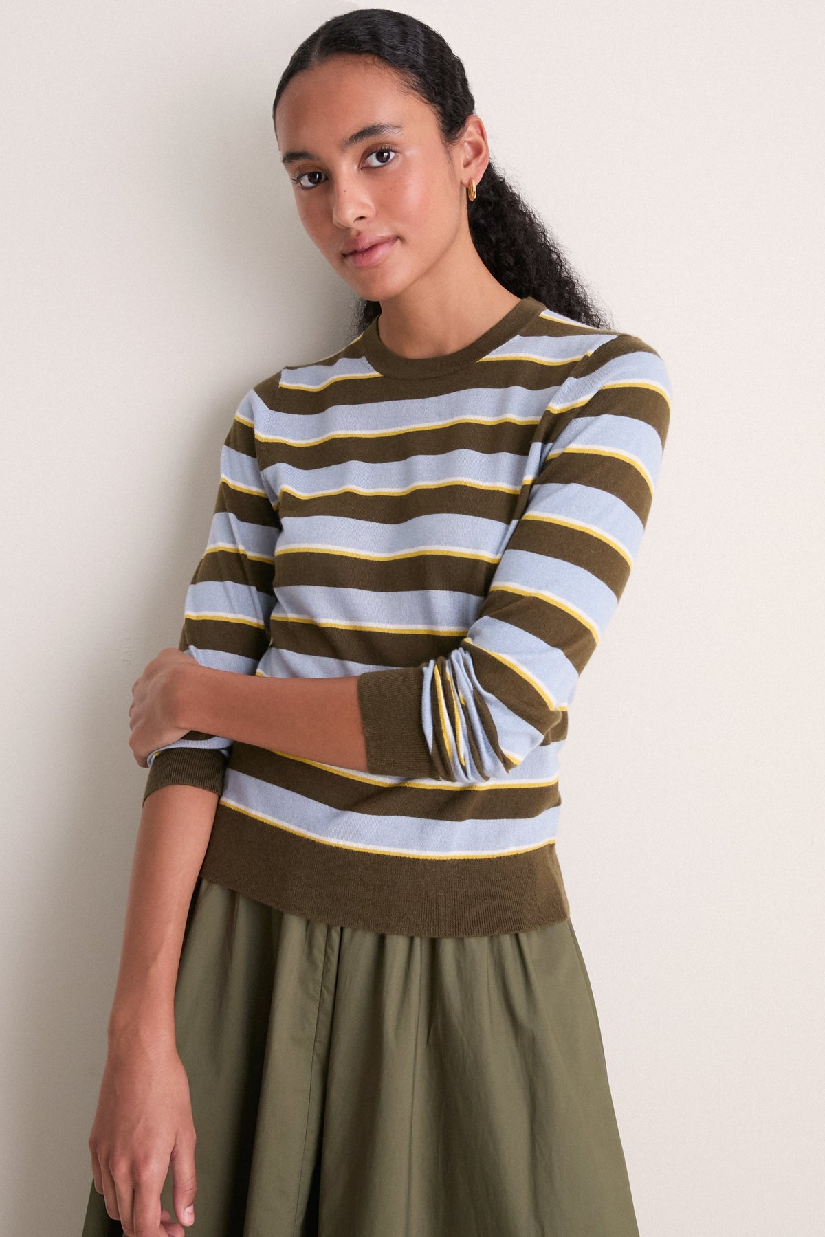 Olive Stripe Cashmere Silk Long Sleeve Katie Tee