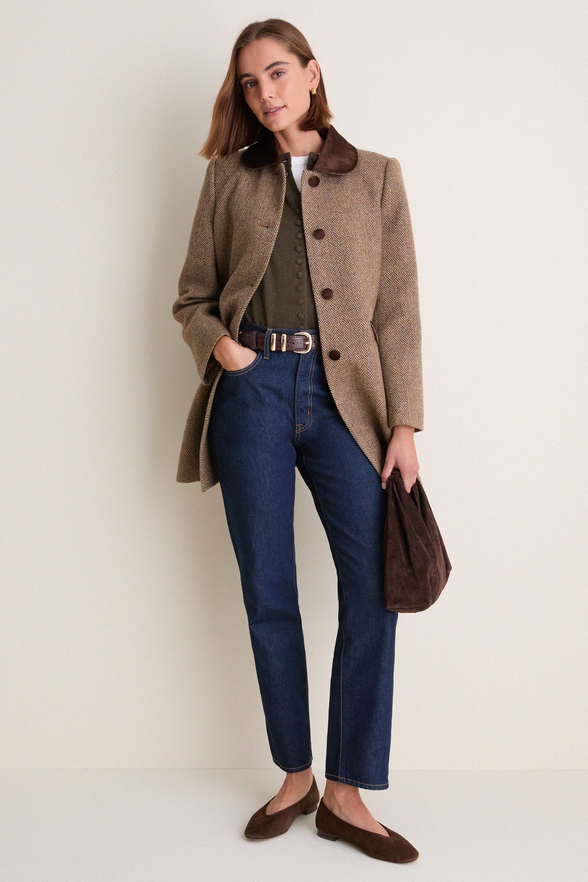 Herringbone Velvet Trim Patton Coat
