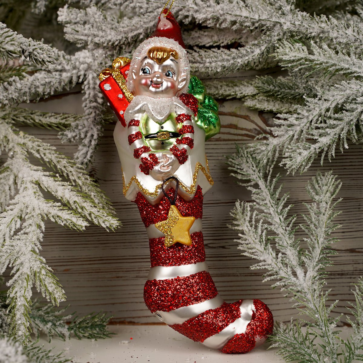 8.5Inch Glass Elf In Stocking Ornament