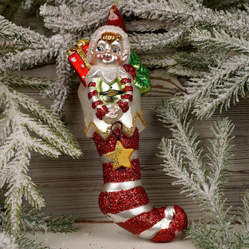 8.5Inch Glass Elf In Stocking Ornament