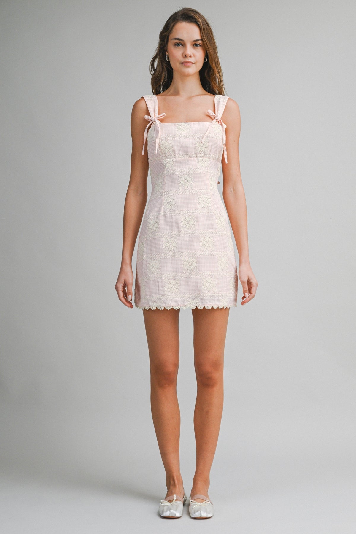 GINGHAM LACE BOW STRAP MINI DRESS
