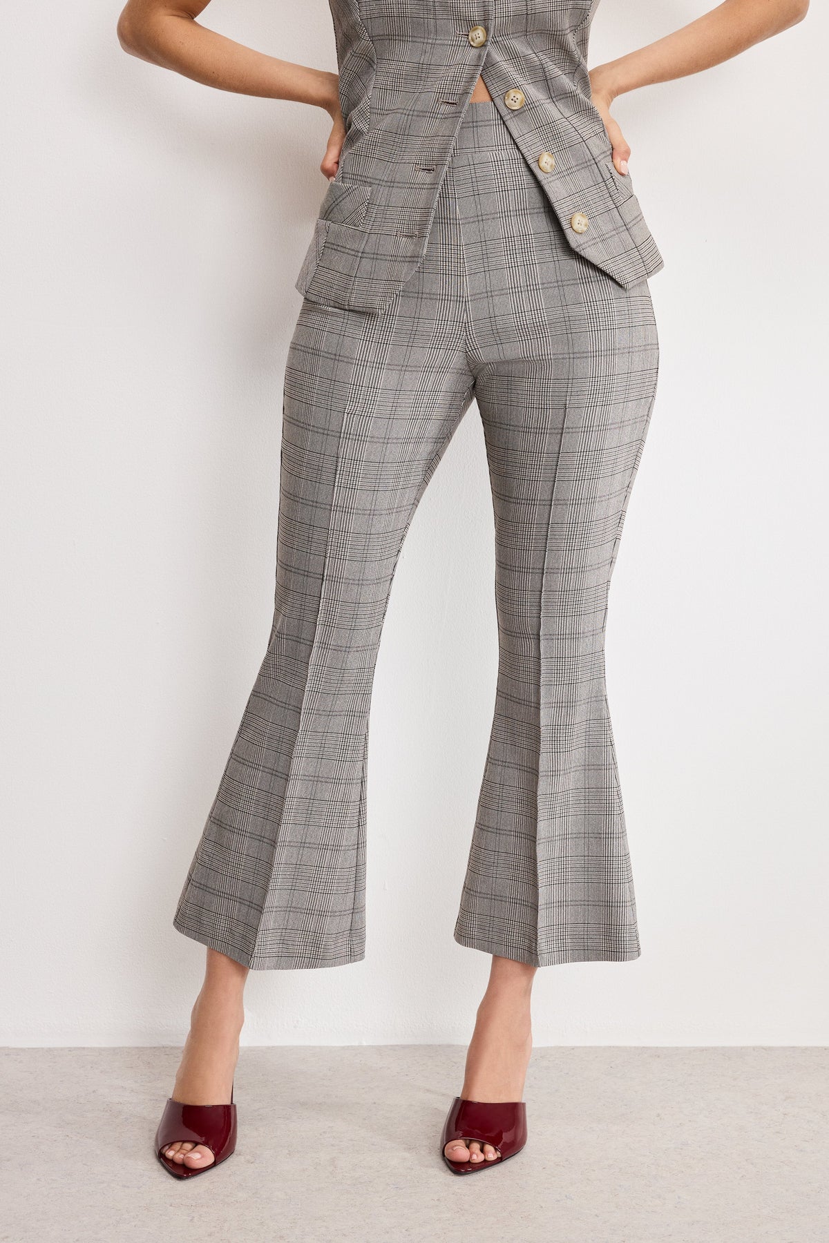 PLAID PULL ON KICK FLARE PANTS | GLEN PLAID001
