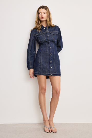 BARREL LONG SLEEVE MINI DRESS | INDIGO982