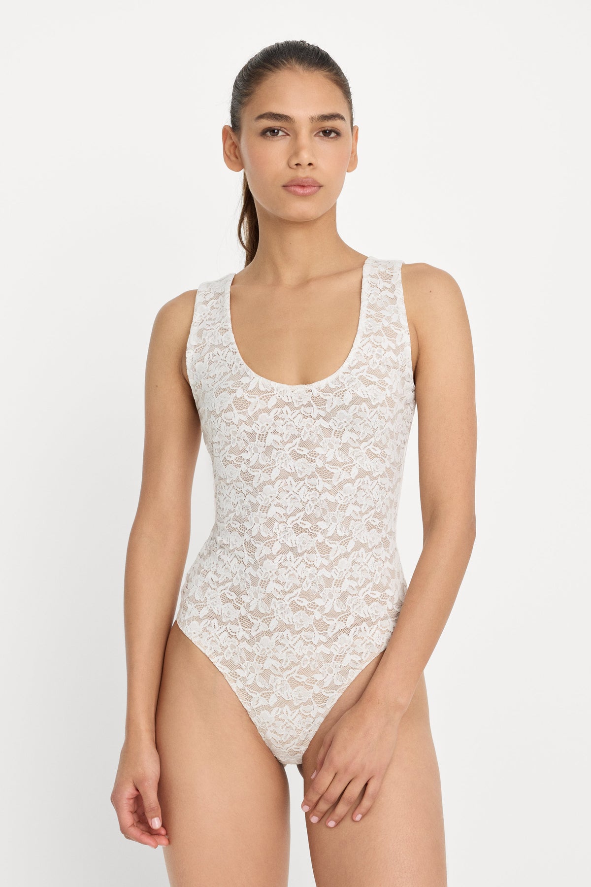 STRETCH LACE SCOOP TANK BODYSUIT | CHALK