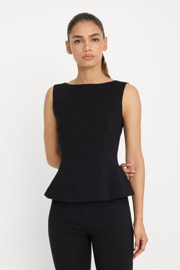 SOFT STRETCH PONTE STRAIGHT NECK TOP | BLACK001