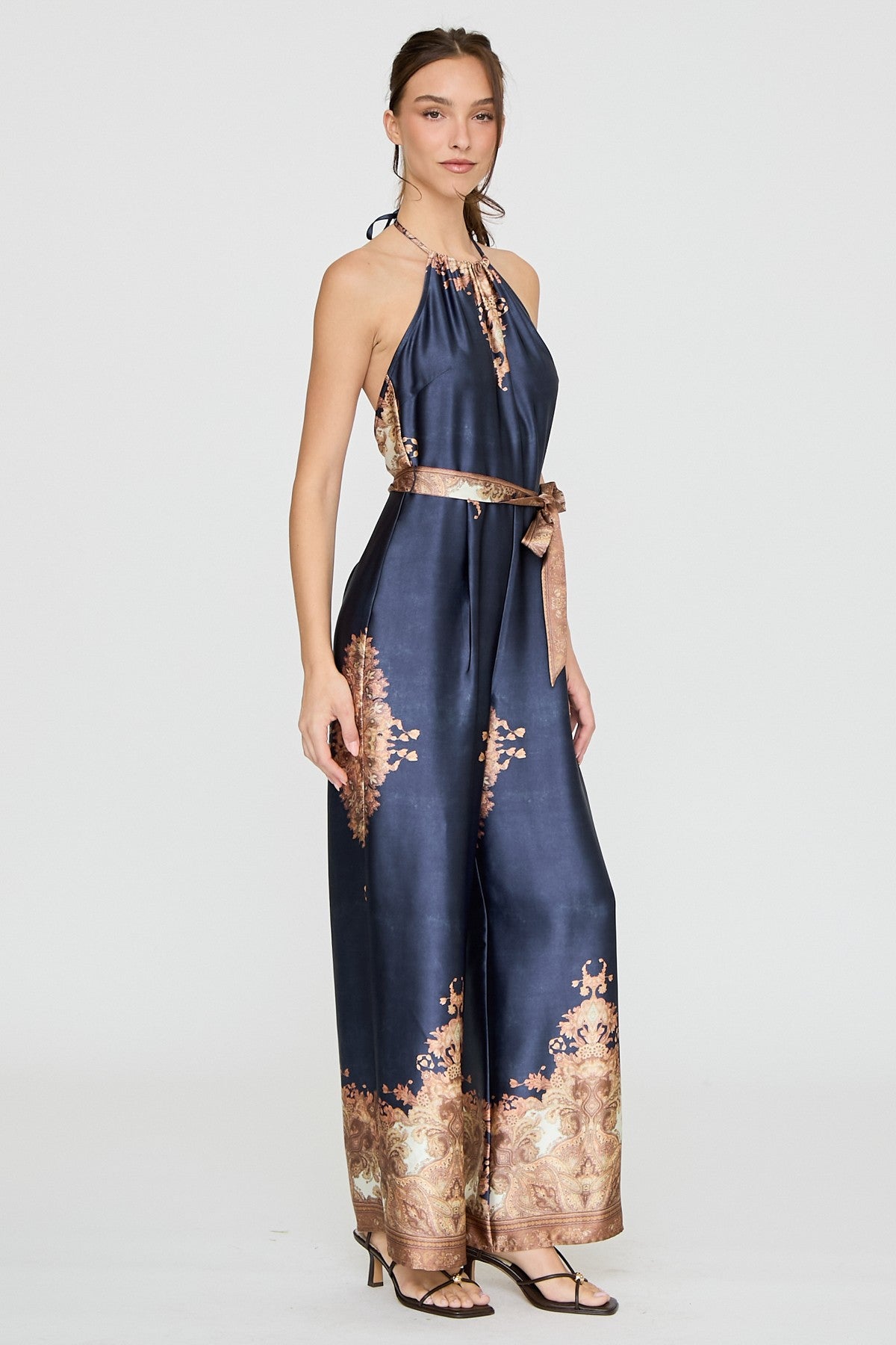 BAROQUE PRINT HALTER WIDE LEG JUMPSUIT