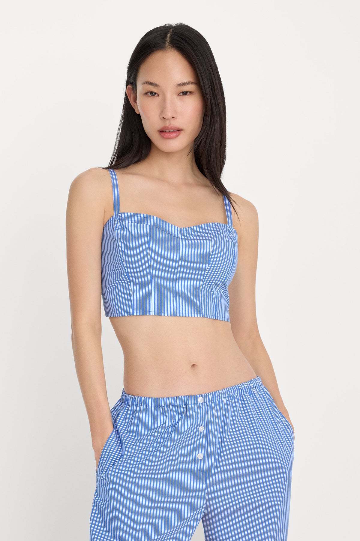 POPLIN BUSTIER CAMI TOP | BLUE AND WHITE STRIPE
