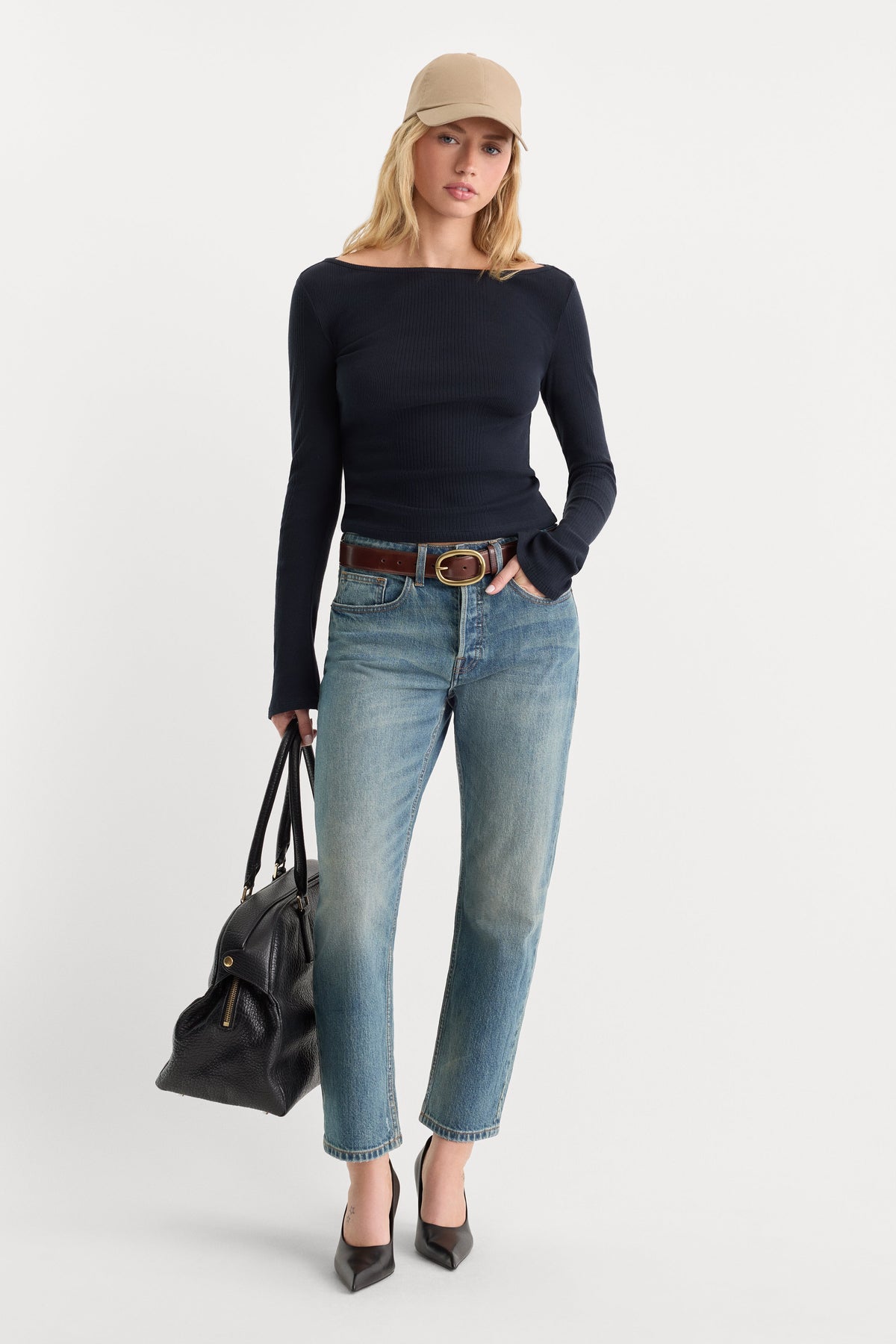 THE VARIEGATED RIB LONG SLEEVE TOP | NEW NAVY002