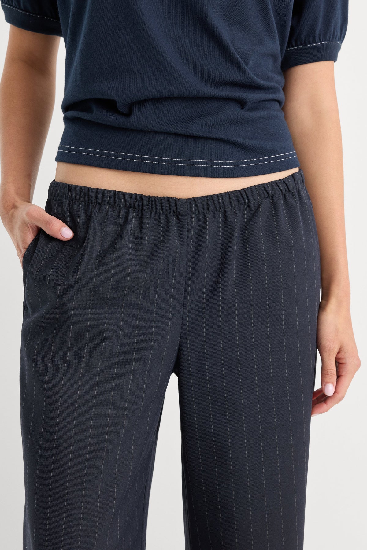 THE PINSTRIPE PULL ON TROUSER | NAVY PINSTRIPE