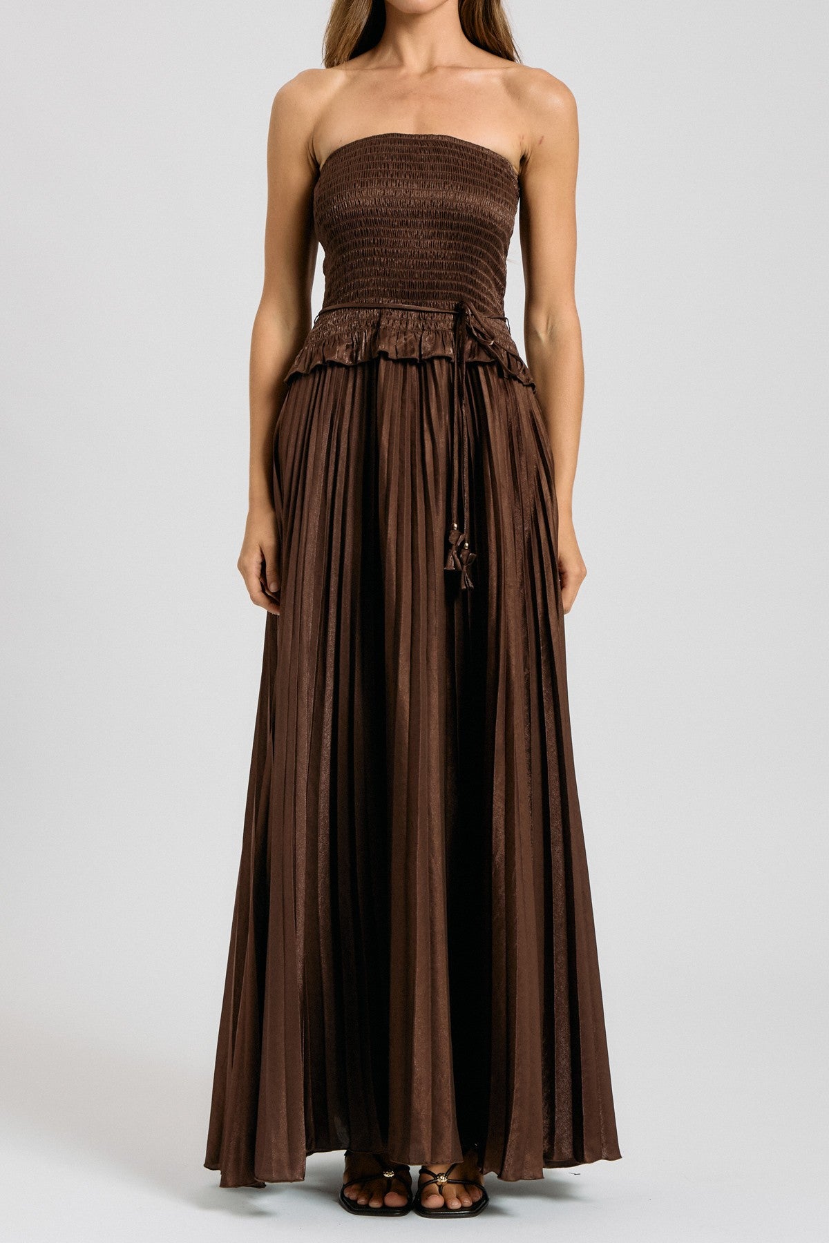 SMOCKED STRAPLESS PLEATED MAXI DRESS