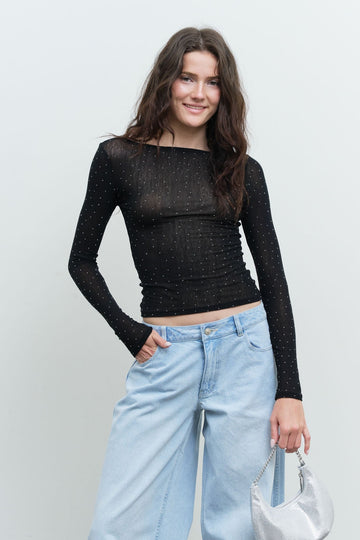 RHINESTONE BOAT NECK LONG SLEEVE KNIT TOP