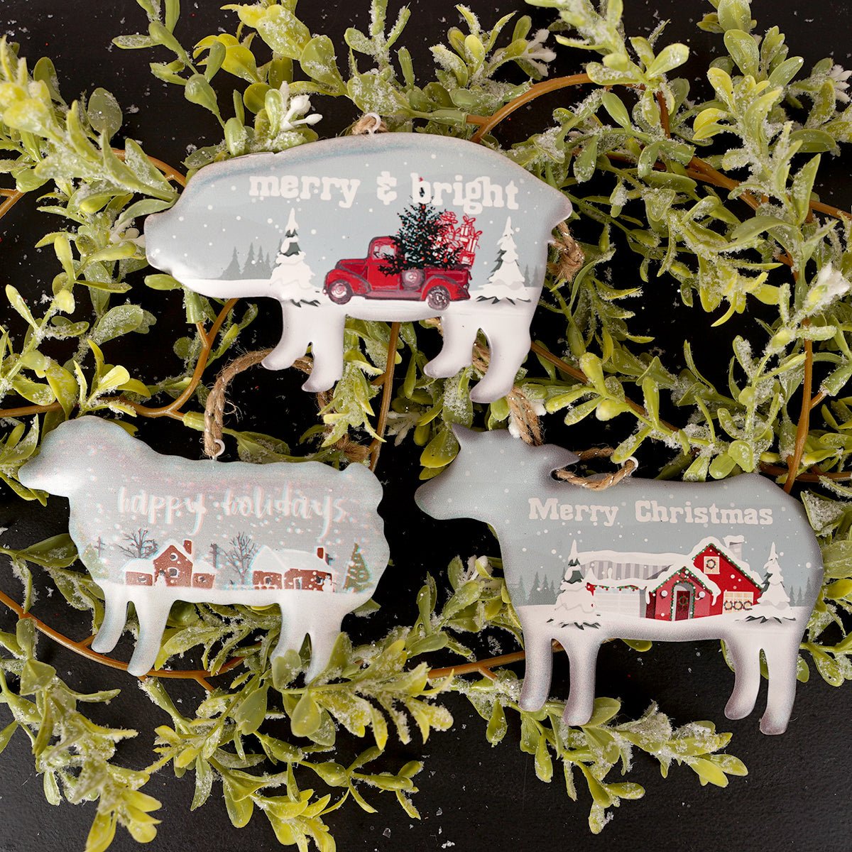 Tin Snow Scene Animal Ornament