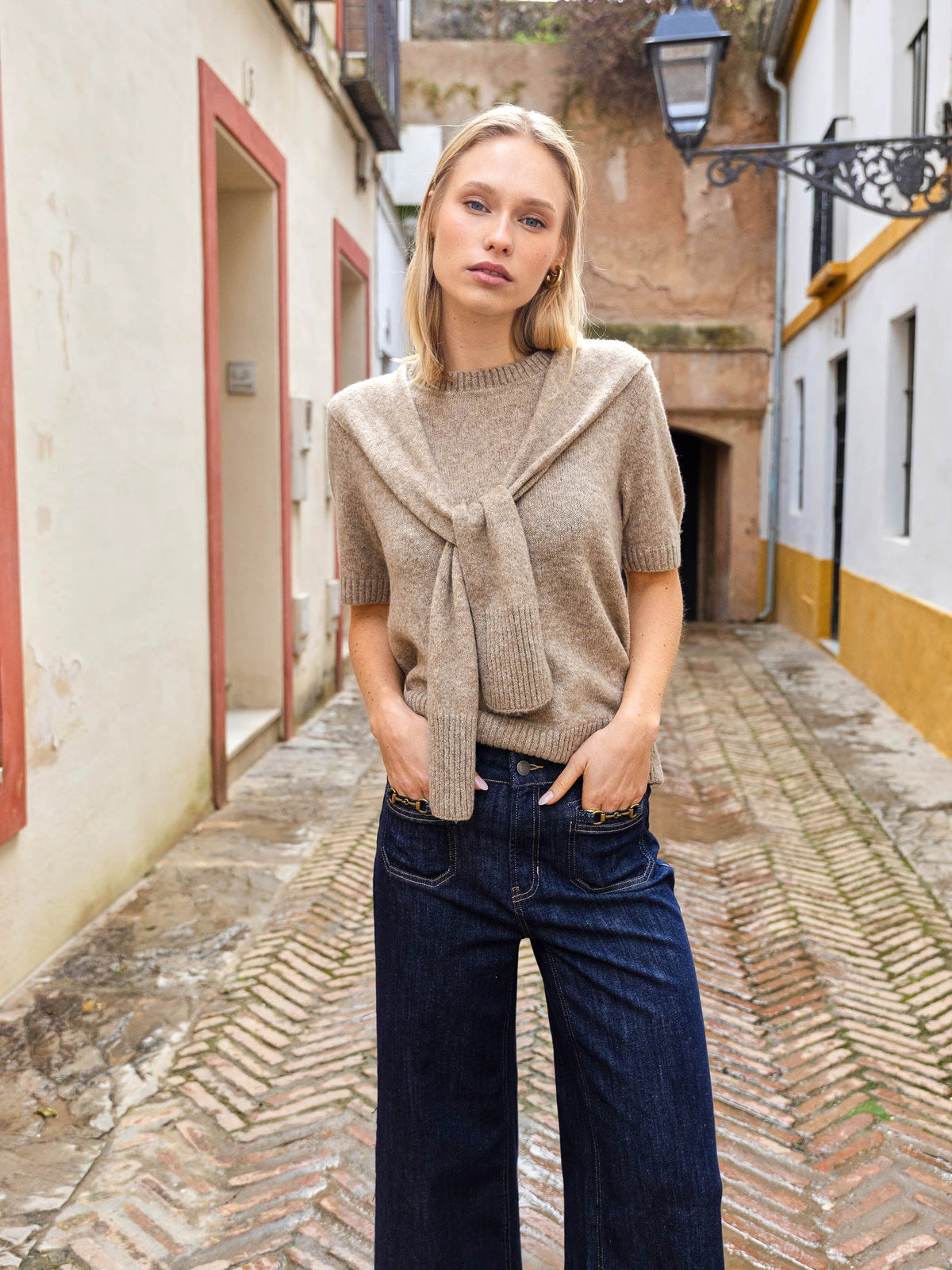 Short Sleeve Sweater With Sleeve Detail - Truffle