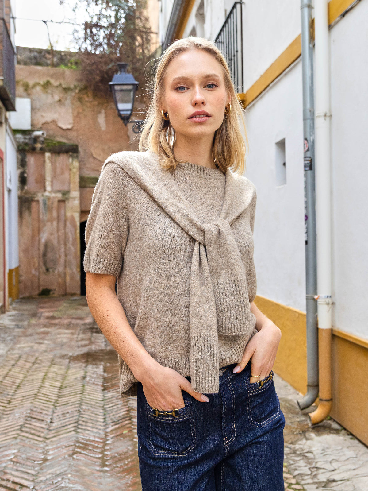Short Sleeve Sweater With Sleeve Detail - Truffle