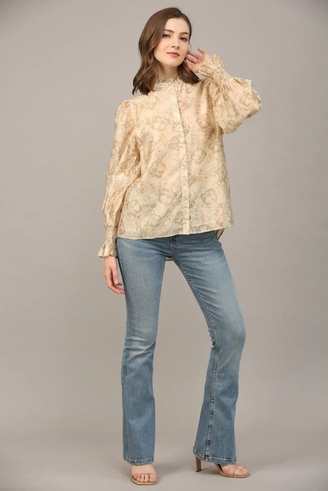 FLORAL PRINT RUFFLE NECK BLOUSE
