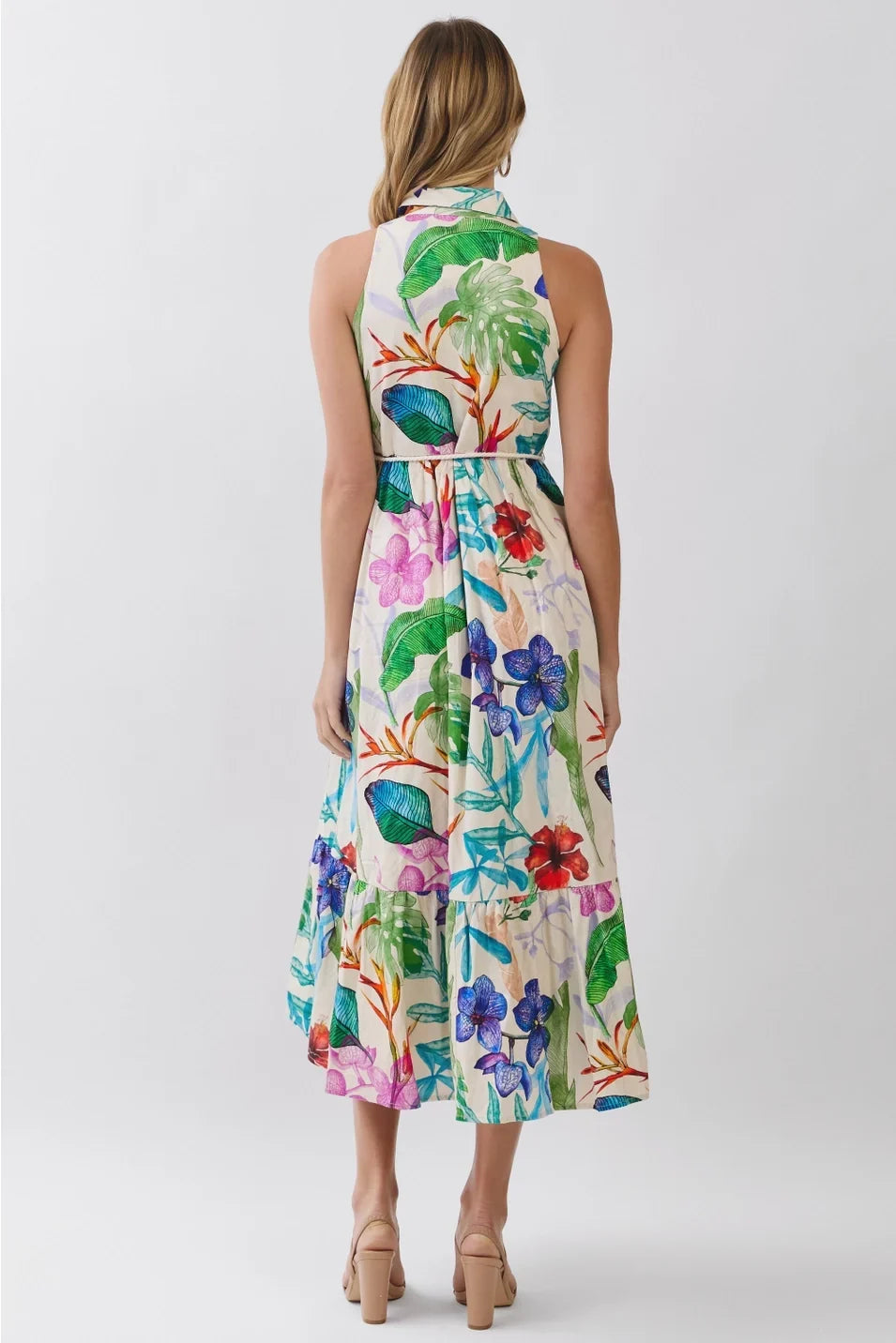 TROPICAL FLORAL SLEEVELESS BUTTON DOWN MIDI DRESS