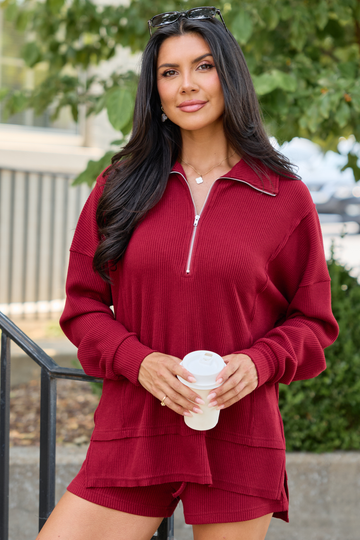 Take Five Waffle Knit Quarter Zip Burgundy