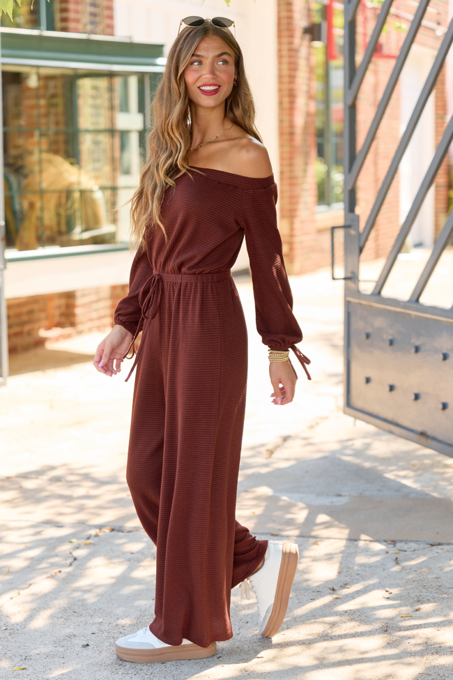 Easy Choice Solid Off The Shoulder Long Sleeve Jumpsuit Brown