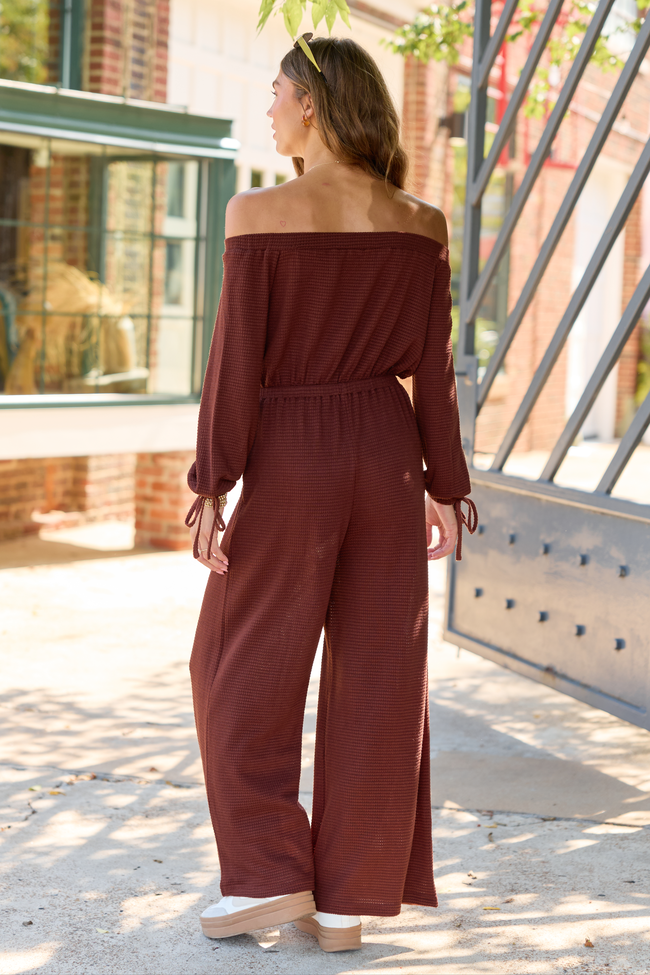 Easy Choice Solid Off The Shoulder Long Sleeve Jumpsuit Brown