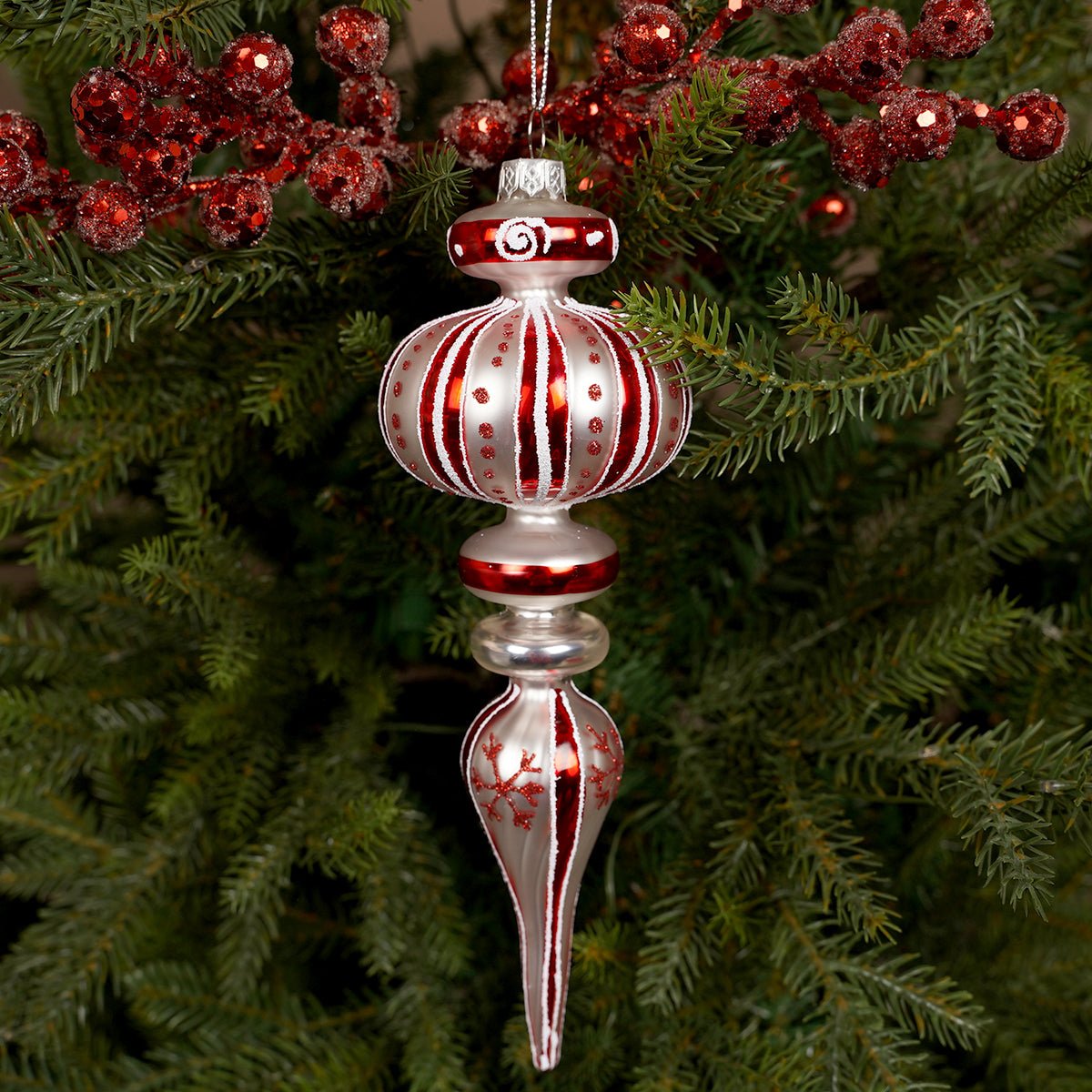 Glass Red White Icicle Ornament