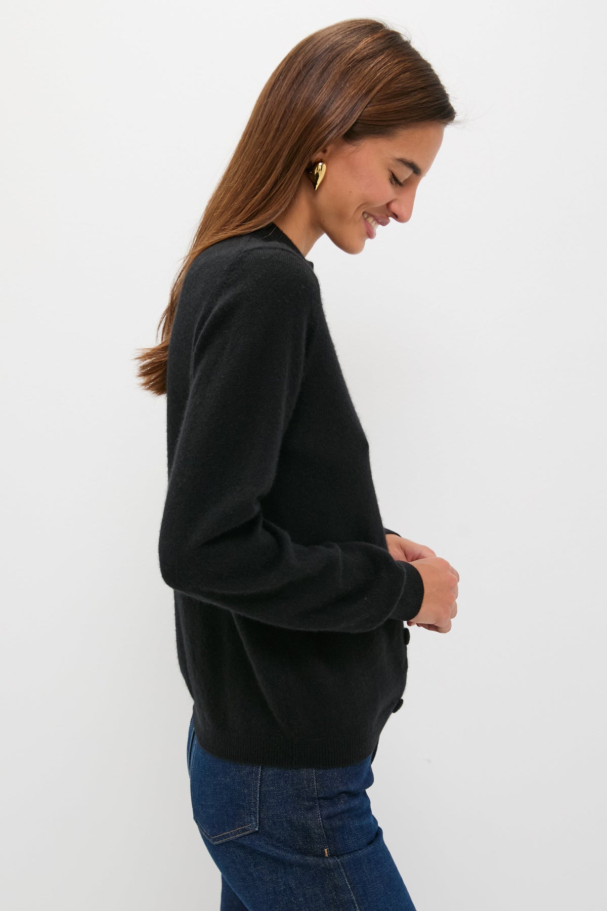 Black Cashmere Covered Button Quinn Cardigan