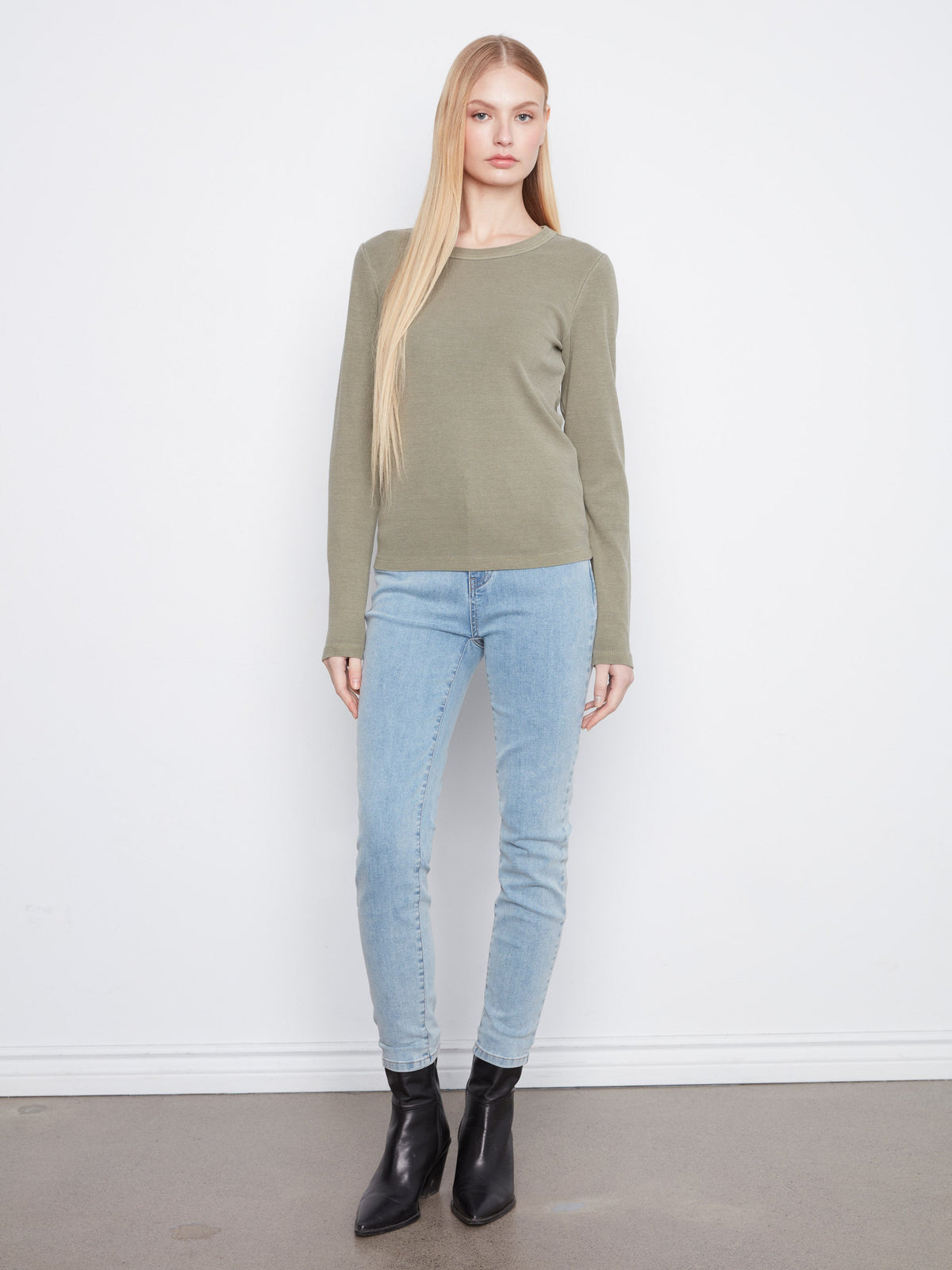 Cotton Blend Ribbed Long Sleeve Top - Verveine
