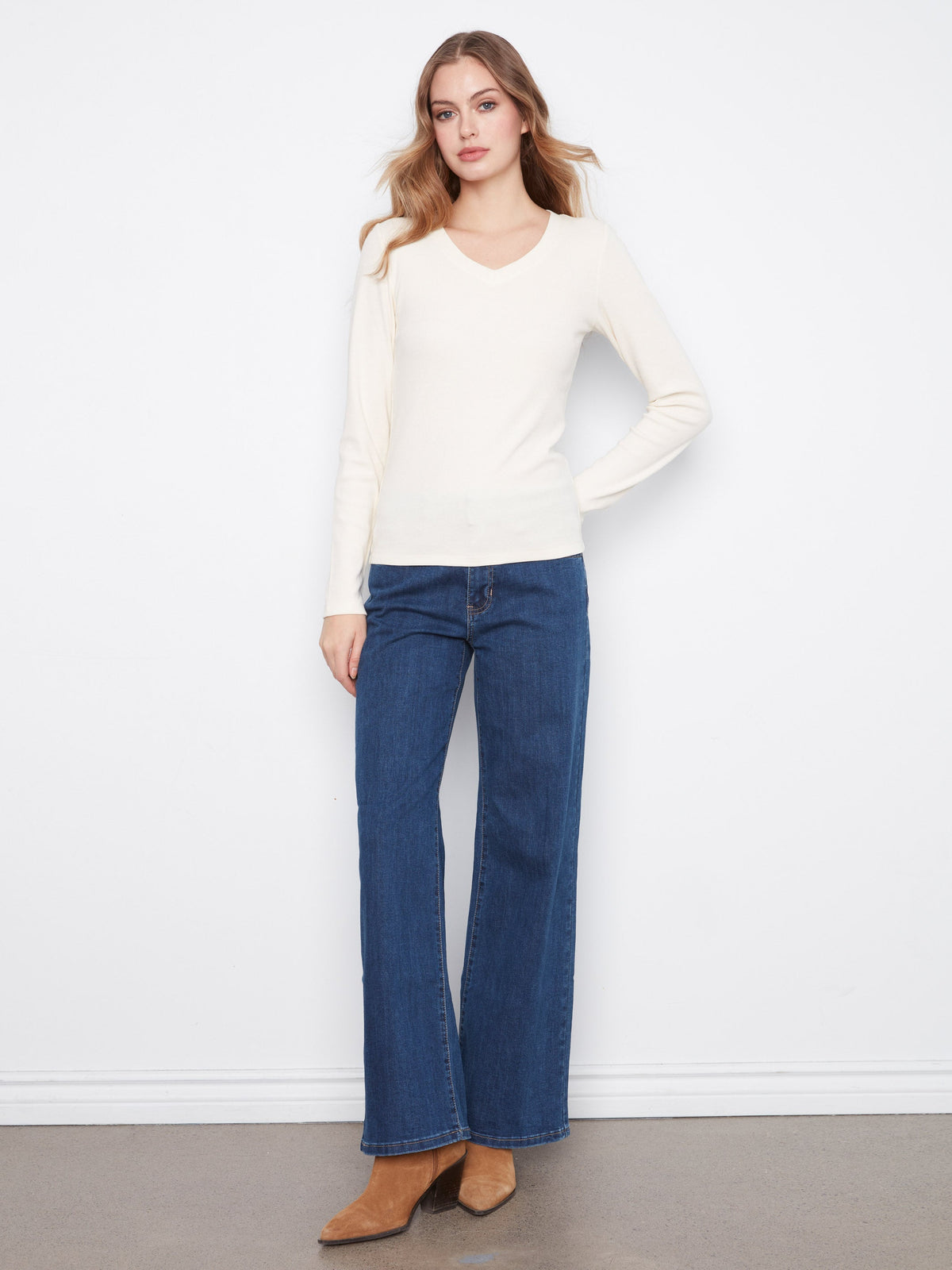 Cotton Blend Ribbed Long Sleeve V-Neck Top - Almond