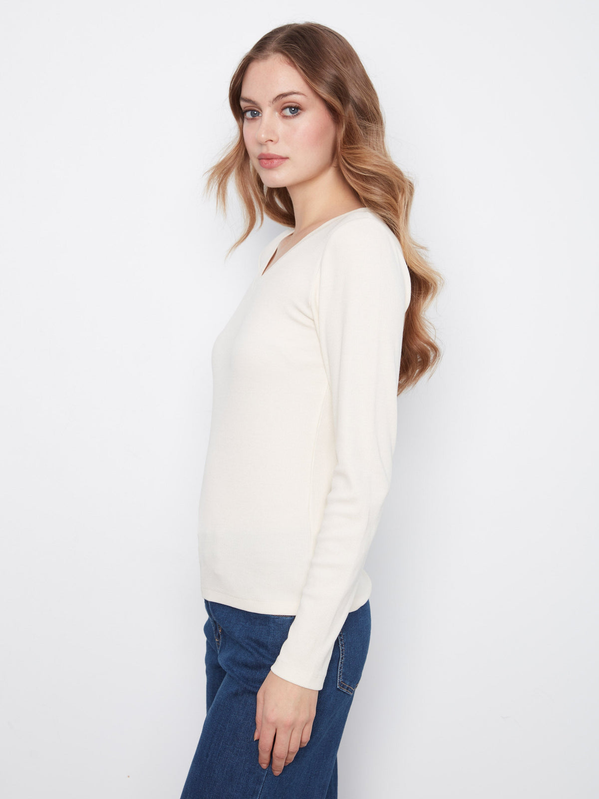 Cotton Blend Ribbed Long Sleeve V-Neck Top - Almond